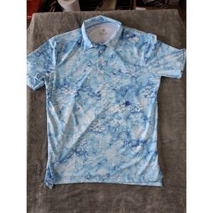 Scales Polo Shirt Mens XL Blue Hawiian Floral Fish Polyester All Over Print